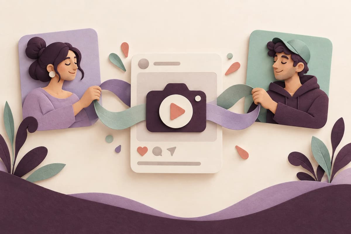 Illustration conceptuelle de deux créateurs reliés à une seule publication en papier.