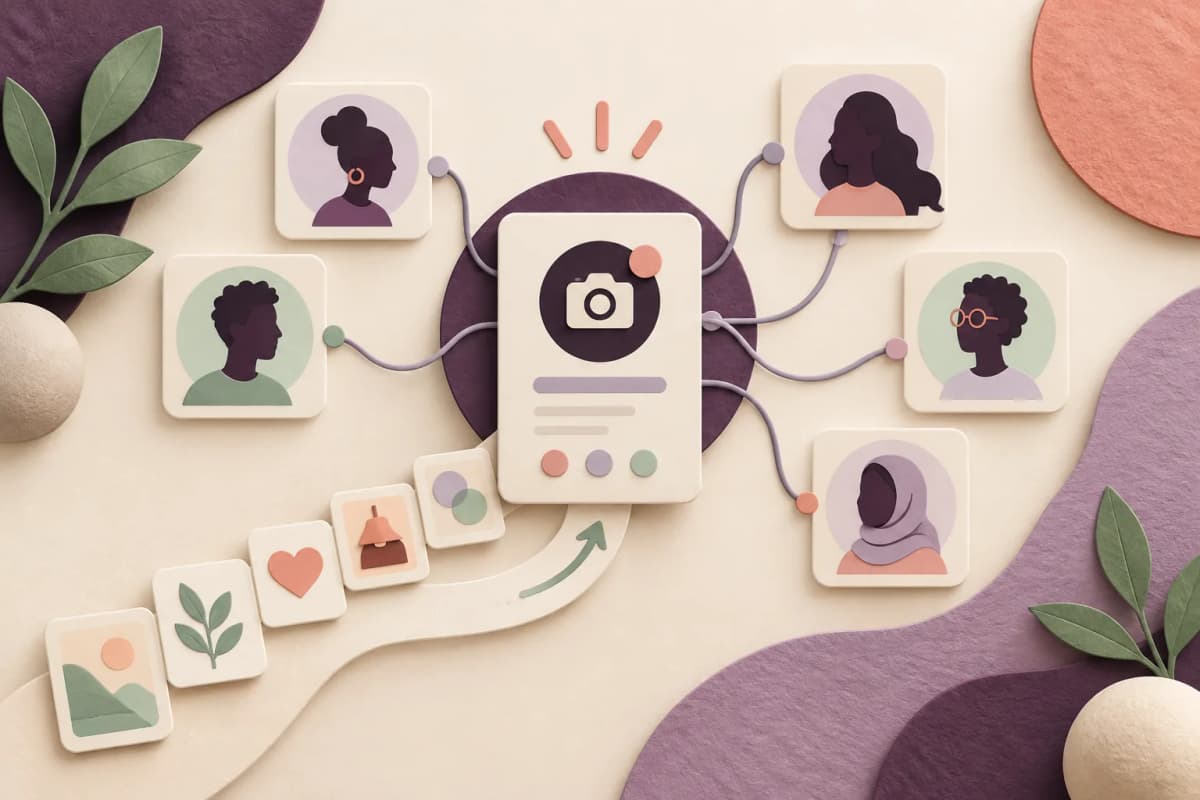 Illustration conceptuelle d’un profil de créateur relié à des cartes représentant son public.