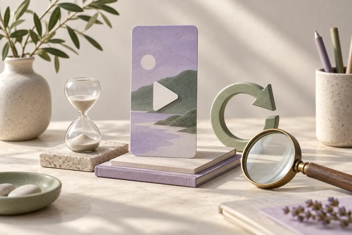 Illustration conceptuelle avec une carte vidéo, un sablier, une flèche circulaire et une loupe.