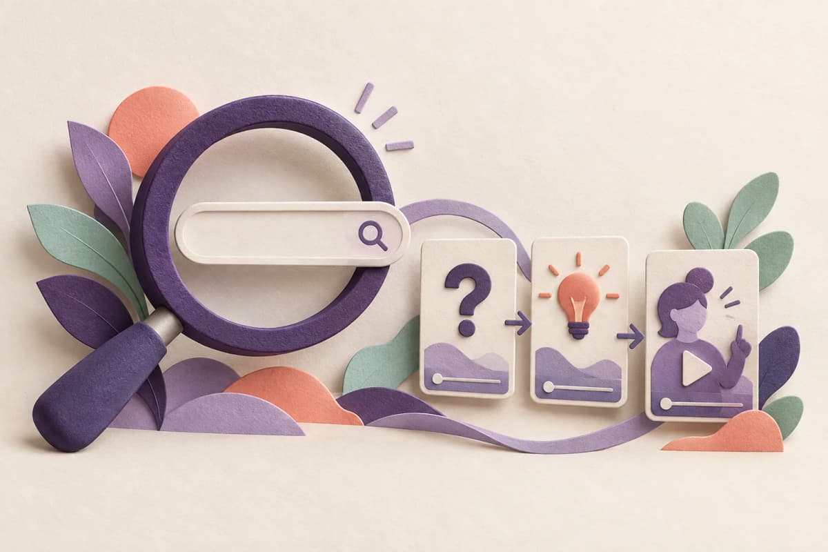 Illustration conceptuelle en papier d’une loupe, d’une question et d’un projet de vidéo.